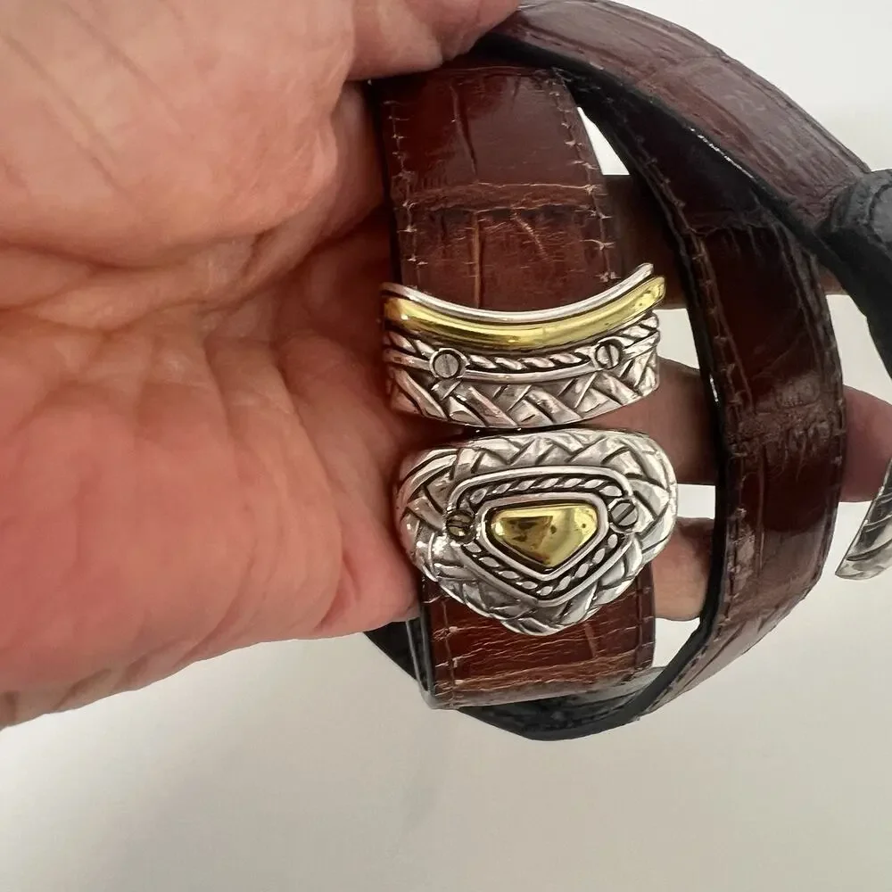 Brighton Reversible Black Brown Leather Croc Belt Size 32 Silver Gold Buckle